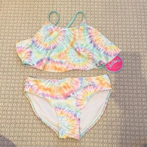 NWT - Shelloha Girls Tie-Dye Flounce Bikini Set in Pastel Rainbow - size 14